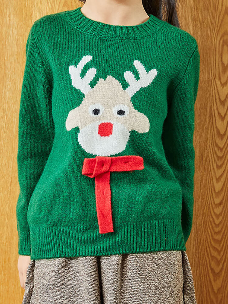 (image for) Kids Christmas Reindeer Cashmere Sweater with 3D Bow